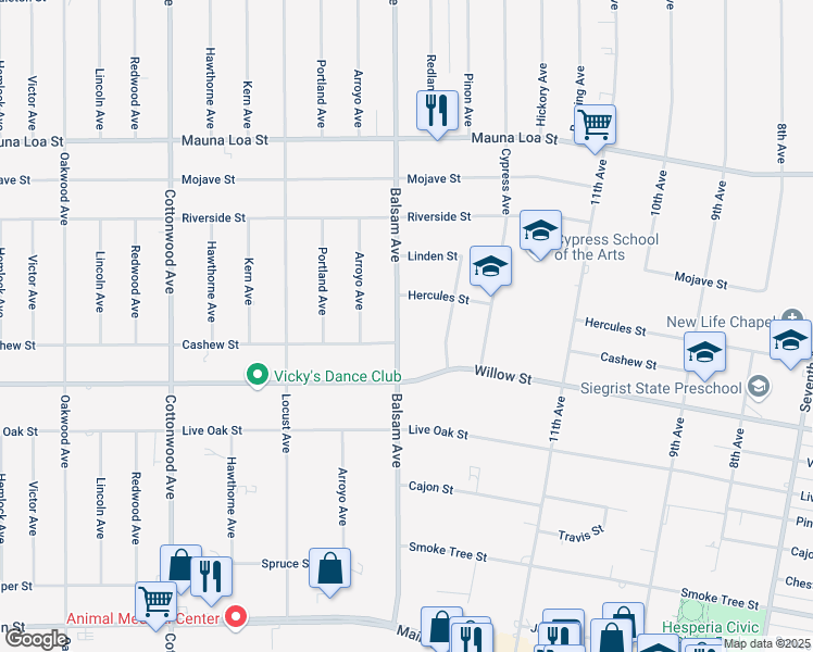 map of restaurants, bars, coffee shops, grocery stores, and more near 10227 Balsam Avenue in Hesperia
