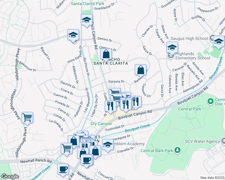 map of restaurants, bars, coffee shops, grocery stores, and more near 22640 West Garzota Drive in Santa Clarita