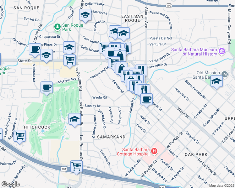 map of restaurants, bars, coffee shops, grocery stores, and more near 2913 Serena Road in Santa Barbara