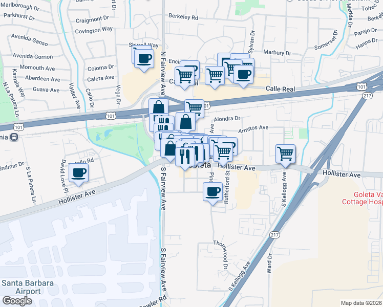 map of restaurants, bars, coffee shops, grocery stores, and more near 124 Orange Avenue in Goleta