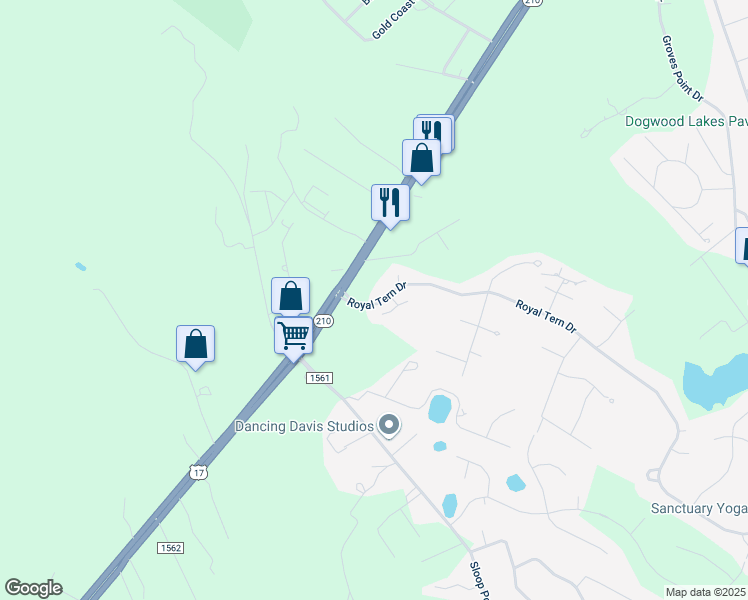 map of restaurants, bars, coffee shops, grocery stores, and more near 103 Royal Tern Drive in Hampstead