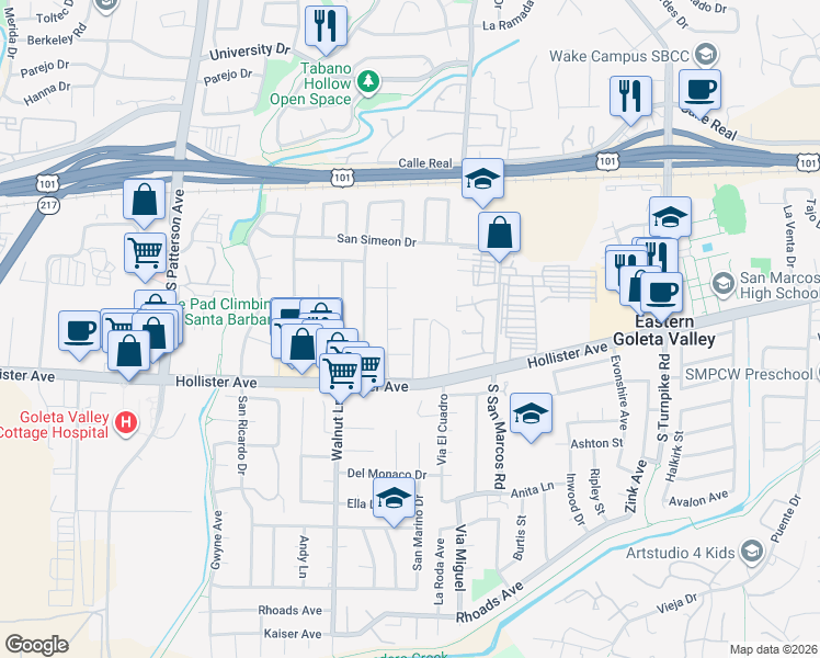 map of restaurants, bars, coffee shops, grocery stores, and more near 5050 Hollister Avenue in Santa Barbara