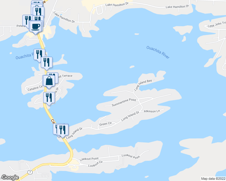 map of restaurants, bars, coffee shops, grocery stores, and more near 816 Long Island Drive in Hot Springs