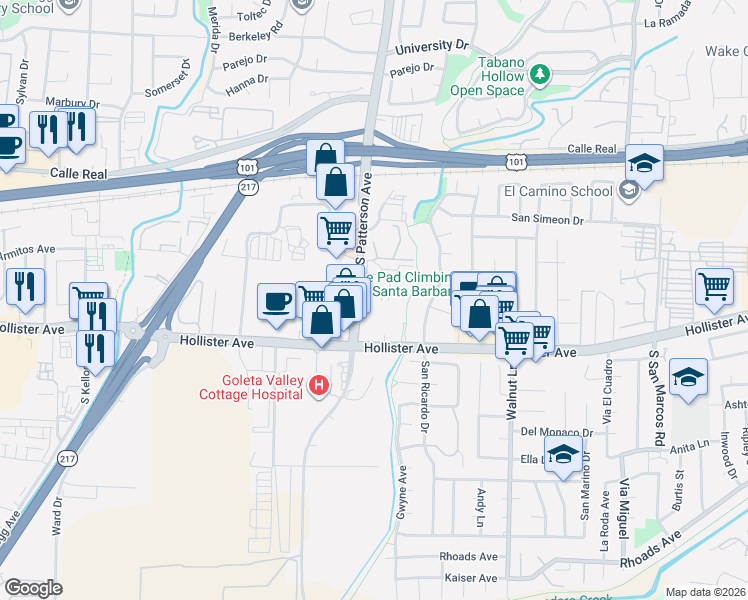 map of restaurants, bars, coffee shops, grocery stores, and more near 140 South Patterson Avenue in Goleta