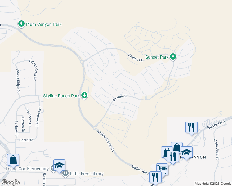 map of restaurants, bars, coffee shops, grocery stores, and more near 28427 Ascent Way in Santa Clarita