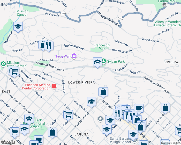 map of restaurants, bars, coffee shops, grocery stores, and more near 1321 Alameda Padre Serra in Santa Barbara