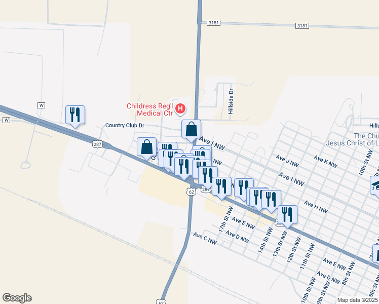 map of restaurants, bars, coffee shops, grocery stores, and more near 2023 Denfield Ln in Childress