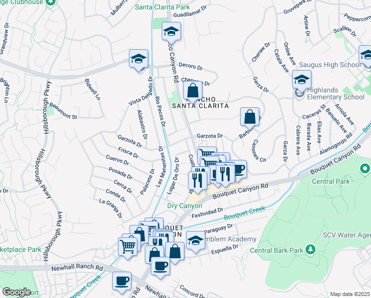 map of restaurants, bars, coffee shops, grocery stores, and more near 26971 Cuatro Milpas Street in Santa Clarita