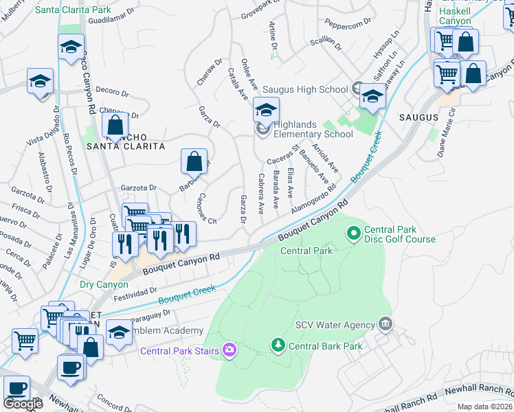 map of restaurants, bars, coffee shops, grocery stores, and more near 27135 Cabrera Avenue in Santa Clarita