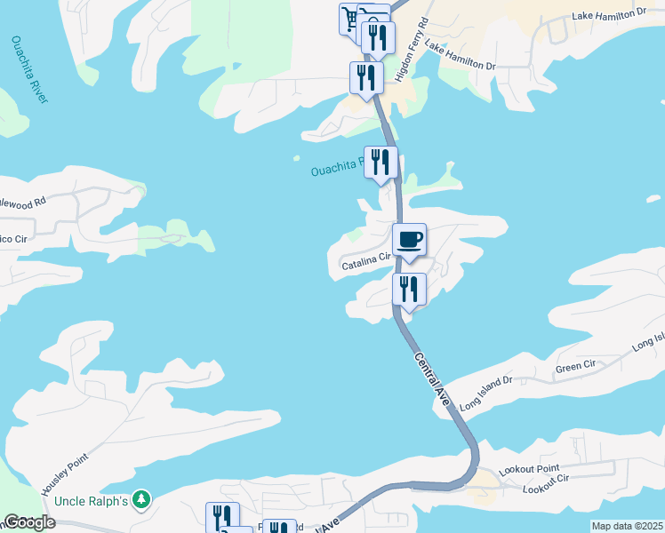 map of restaurants, bars, coffee shops, grocery stores, and more near 134a Catalina Circle in Lake Hamilton