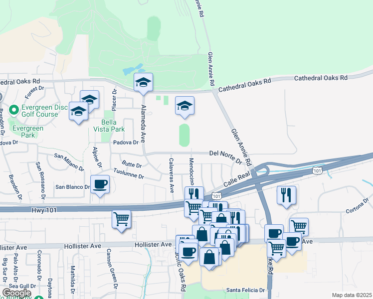 map of restaurants, bars, coffee shops, grocery stores, and more near 7108 Del Norte Drive in Goleta