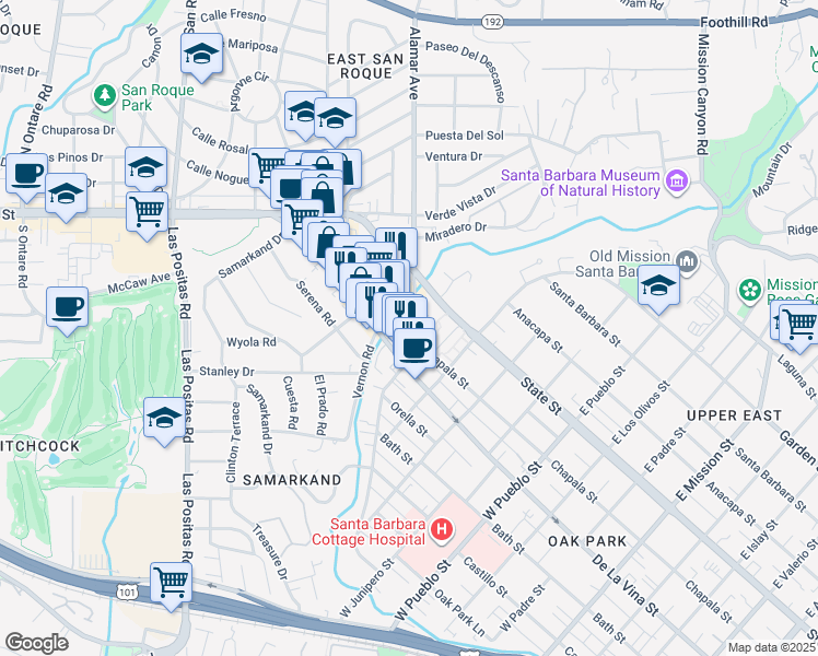 map of restaurants, bars, coffee shops, grocery stores, and more near 130 West Alamar Avenue in Santa Barbara