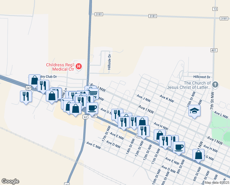 map of restaurants, bars, coffee shops, grocery stores, and more near 1810 Avenue I Northwest in Childress