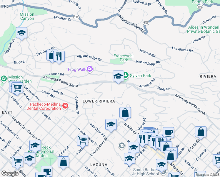 map of restaurants, bars, coffee shops, grocery stores, and more near 1321 Alameda Padre Serra in Santa Barbara