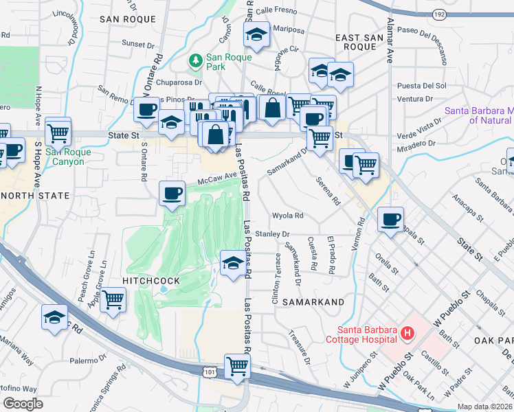 map of restaurants, bars, coffee shops, grocery stores, and more near 3041 Samarkand Drive in Santa Barbara