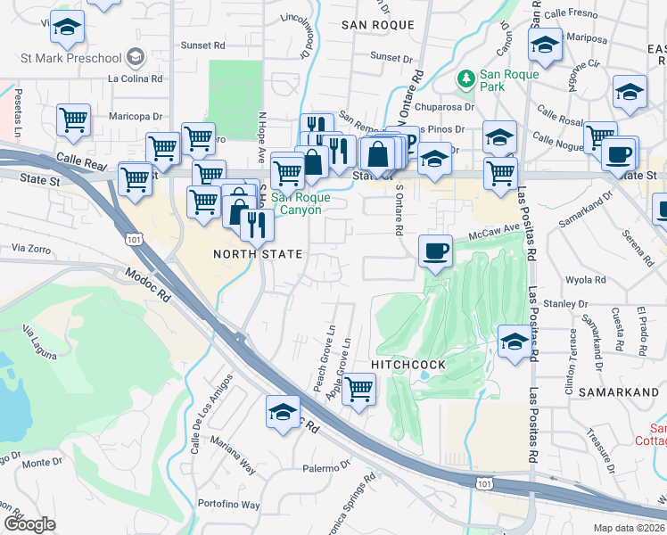 map of restaurants, bars, coffee shops, grocery stores, and more near 3761 Greggory Way in Santa Barbara