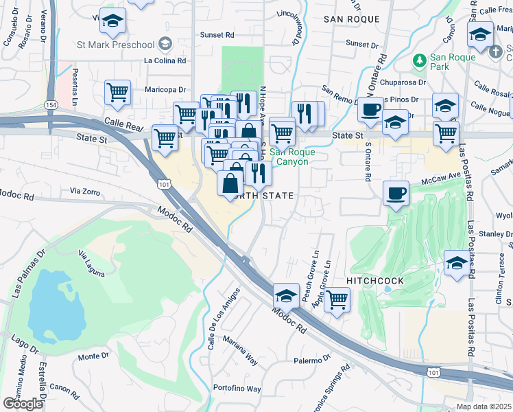 map of restaurants, bars, coffee shops, grocery stores, and more near 265 South Hope Avenue in Santa Barbara