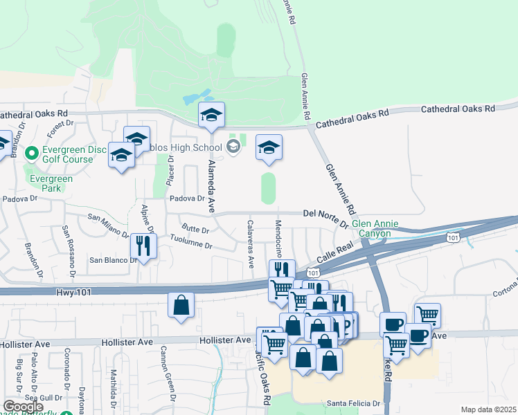 map of restaurants, bars, coffee shops, grocery stores, and more near 7108 Del Norte Drive in Goleta