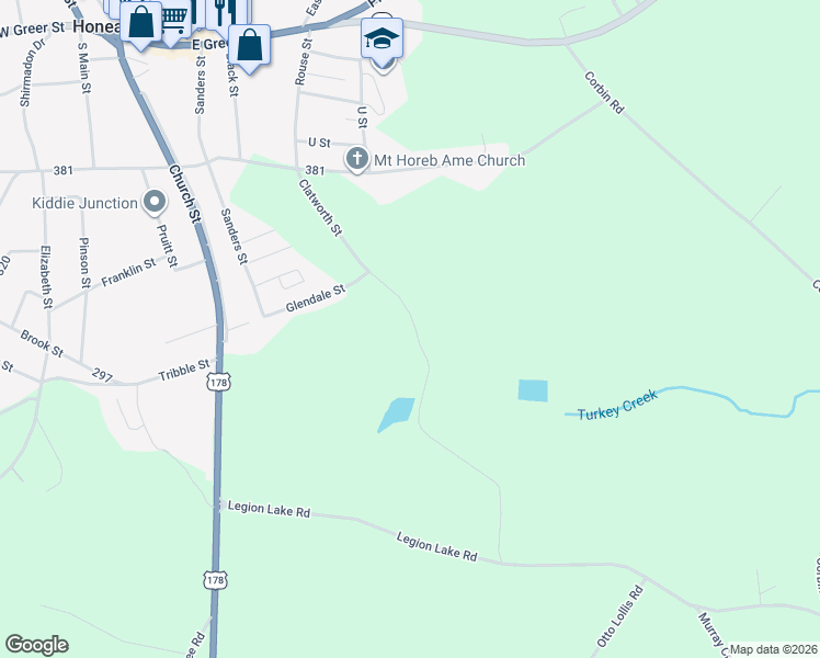 map of restaurants, bars, coffee shops, grocery stores, and more near 199 Clatworthy Road in Honea Path
