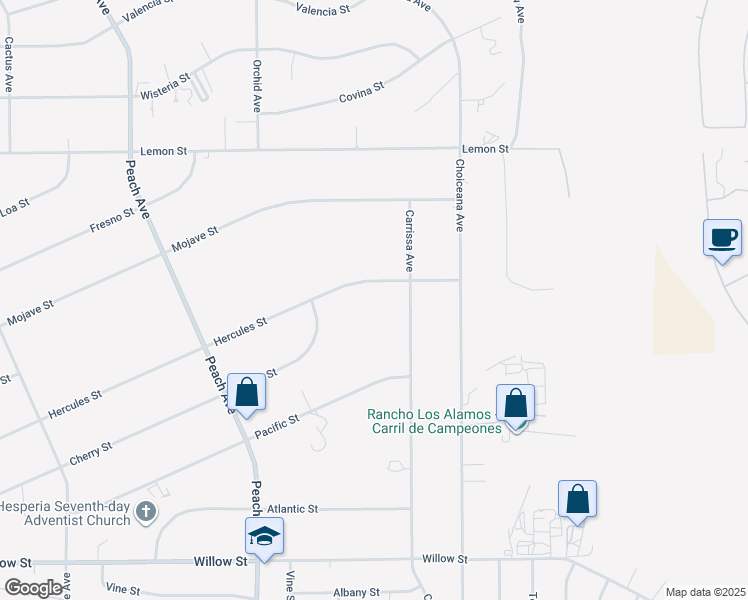 map of restaurants, bars, coffee shops, grocery stores, and more near 18707 Hercules Street in Hesperia
