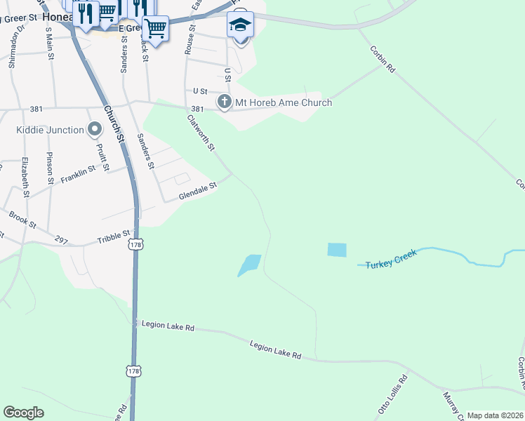 map of restaurants, bars, coffee shops, grocery stores, and more near 199 Clatworthy Road in Honea Path