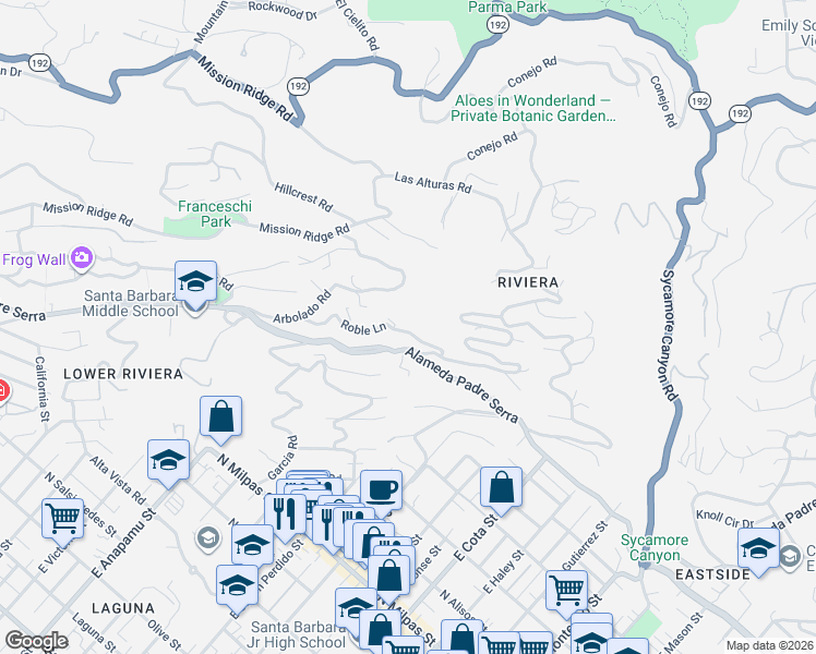map of restaurants, bars, coffee shops, grocery stores, and more near 928 Roble Ln in Santa Barbara