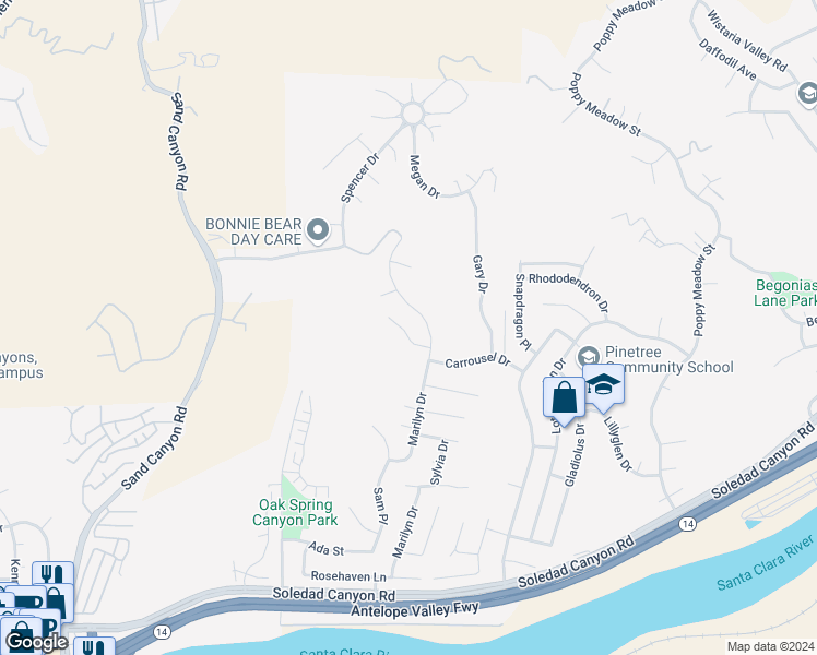 map of restaurants, bars, coffee shops, grocery stores, and more near 15741 Kenneth Place in Santa Clarita