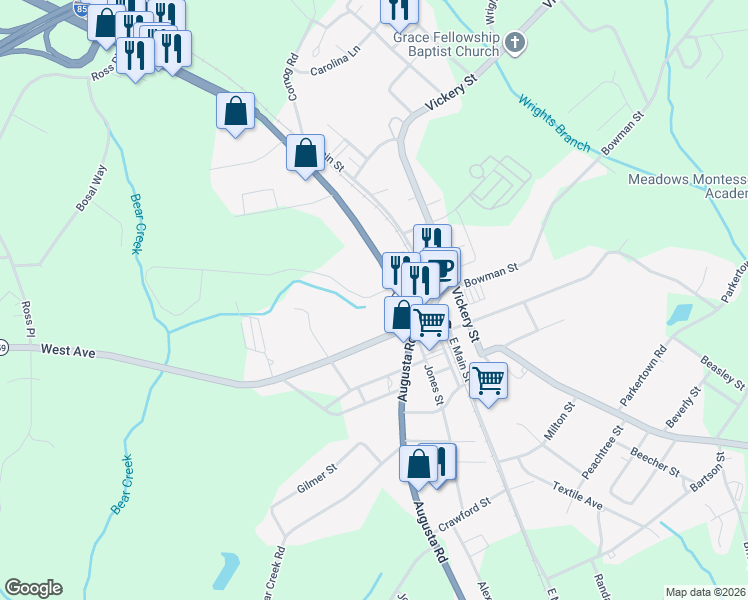 map of restaurants, bars, coffee shops, grocery stores, and more near 55 Brookwood Drive in Lavonia