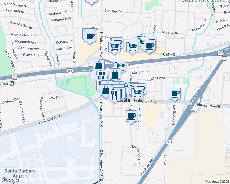 map of restaurants, bars, coffee shops, grocery stores, and more near 124 Orange Avenue in Goleta