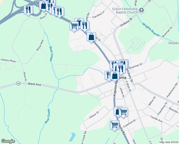 map of restaurants, bars, coffee shops, grocery stores, and more near 140 Old Park Road in Lavonia