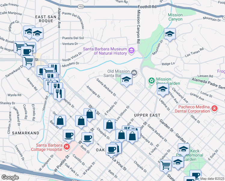 map of restaurants, bars, coffee shops, grocery stores, and more near 2336 Santa Barbara Street in Santa Barbara
