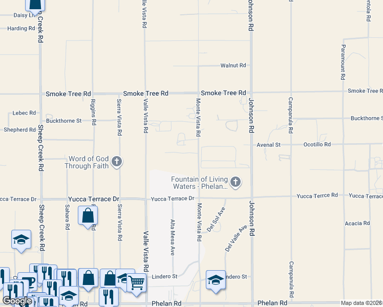 map of restaurants, bars, coffee shops, grocery stores, and more near 10342 Monte Vista Road in Phelan