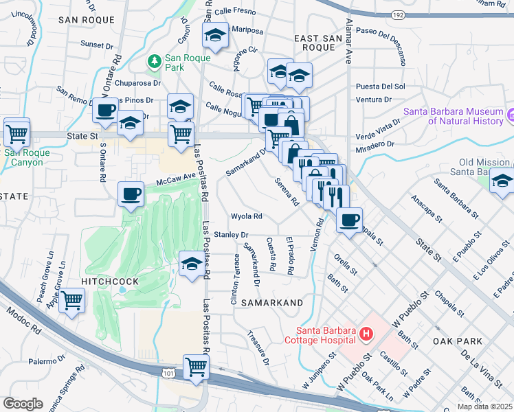 map of restaurants, bars, coffee shops, grocery stores, and more near 2931 Lomita Road in Santa Barbara