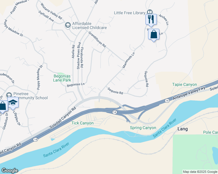 map of restaurants, bars, coffee shops, grocery stores, and more near 14381 Sequoia Road in Santa Clarita