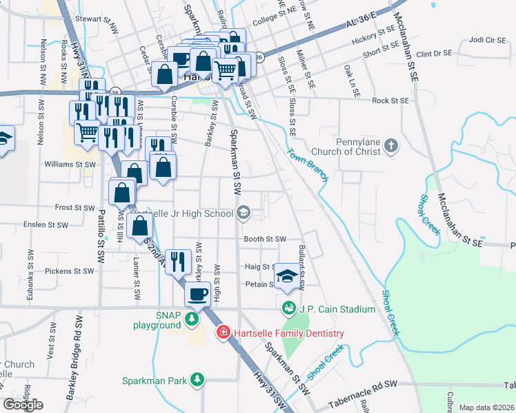 map of restaurants, bars, coffee shops, grocery stores, and more near 205 Day Street Southwest in Hartselle