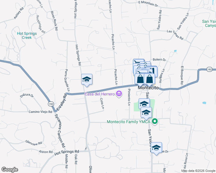 map of restaurants, bars, coffee shops, grocery stores, and more near 1364 California 192 in Montecito