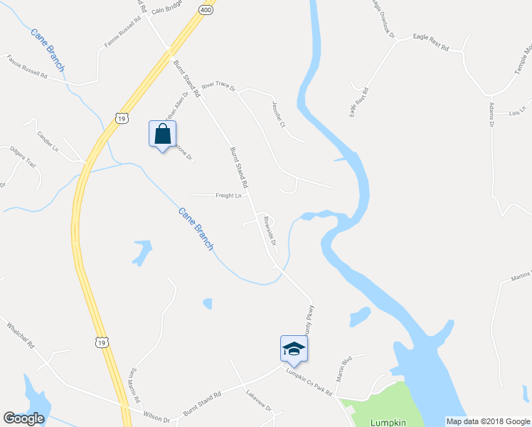 map of restaurants, bars, coffee shops, grocery stores, and more near 35 Riverside Drive in Dahlonega
