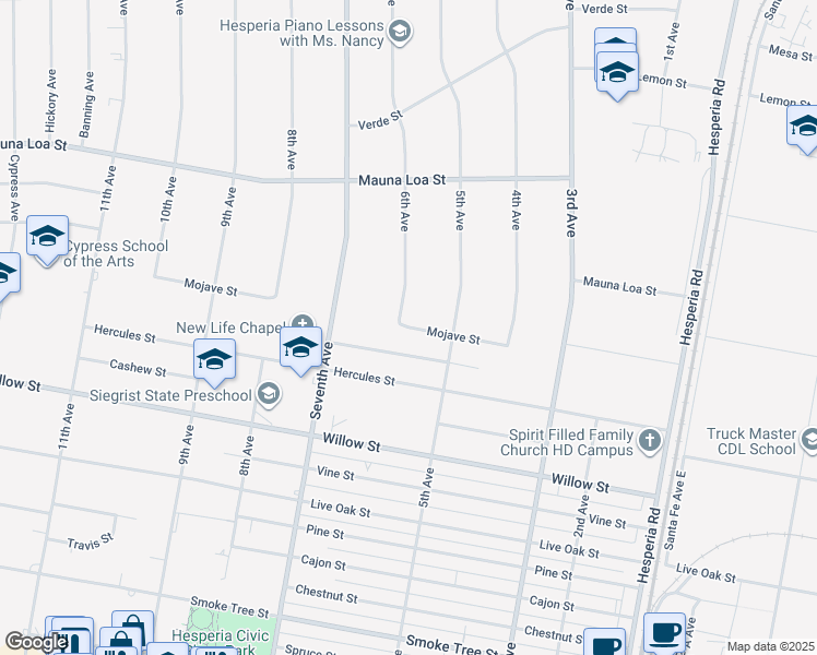 map of restaurants, bars, coffee shops, grocery stores, and more near Mojave Street in Hesperia