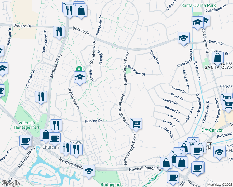 map of restaurants, bars, coffee shops, grocery stores, and more near 27204 Rosemont Lane in Santa Clarita