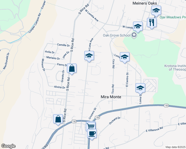 map of restaurants, bars, coffee shops, grocery stores, and more near 785 Cottonwood Avenue in Ojai