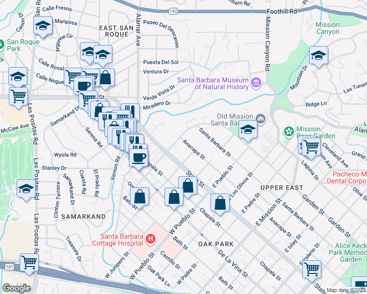 map of restaurants, bars, coffee shops, grocery stores, and more near 2525 Anacapa Street in Santa Barbara