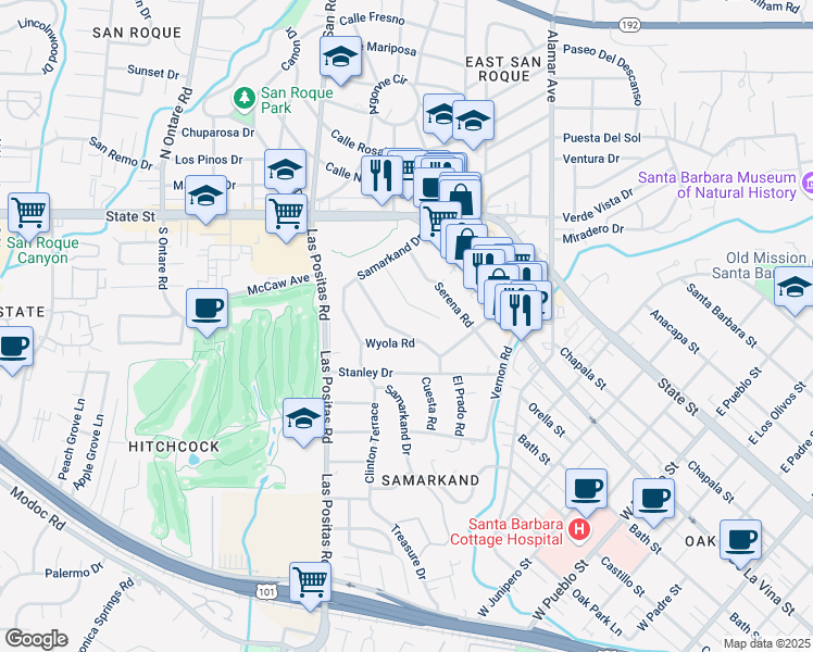 map of restaurants, bars, coffee shops, grocery stores, and more near 2931 Lomita Road in Santa Barbara