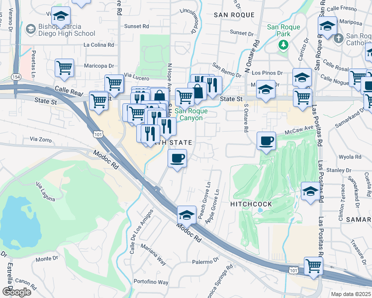map of restaurants, bars, coffee shops, grocery stores, and more near 221 Hitchcock Way in Santa Barbara