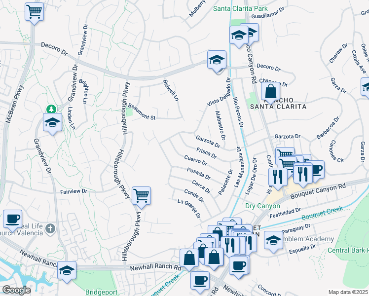 map of restaurants, bars, coffee shops, grocery stores, and more near 23122 Frisca Drive in Santa Clarita