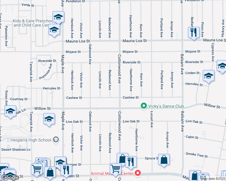 map of restaurants, bars, coffee shops, grocery stores, and more near 10262 Cottonwood Avenue in Hesperia
