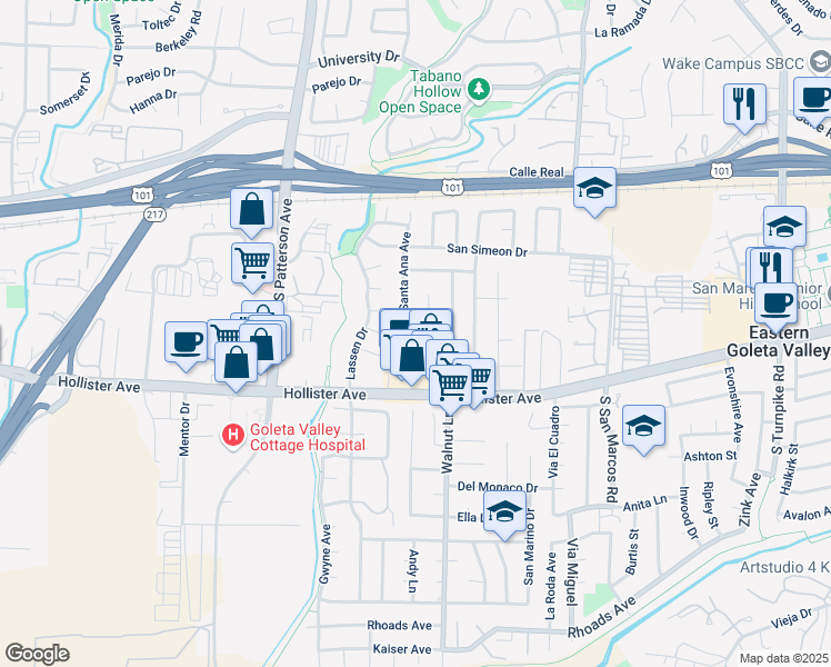 map of restaurants, bars, coffee shops, grocery stores, and more near 5156 Hollister Avenue in Santa Barbara