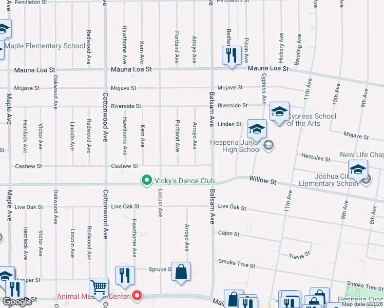 map of restaurants, bars, coffee shops, grocery stores, and more near 10262 Arroyo Avenue in Hesperia
