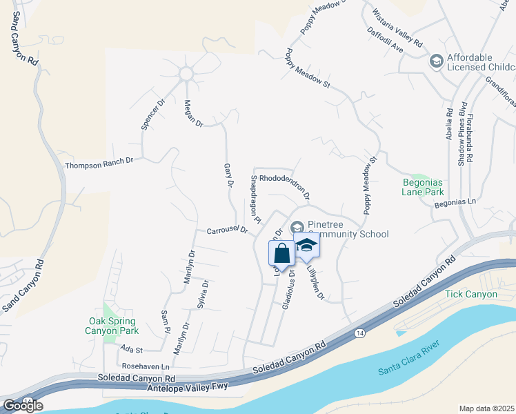 map of restaurants, bars, coffee shops, grocery stores, and more near 29242 Snapdragon Place in Santa Clarita