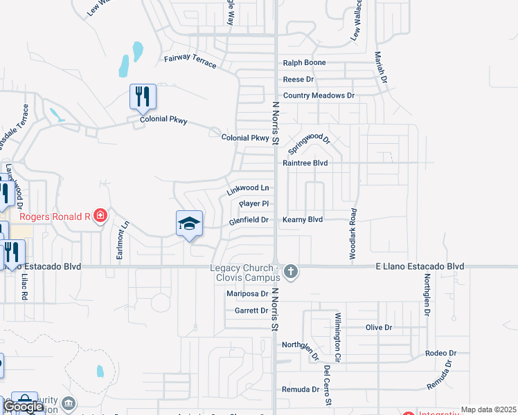 map of restaurants, bars, coffee shops, grocery stores, and more near 3733 Player Place in Clovis