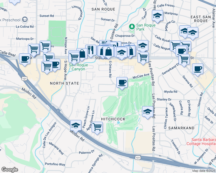map of restaurants, bars, coffee shops, grocery stores, and more near 3623 San Gabriel Lane in Santa Barbara